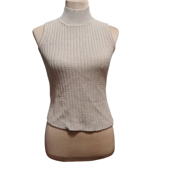 St Michael Marks Spencer S Beige Textured Knit Sleeveless Mock Neck Top Vintage - Picture 1 of 8